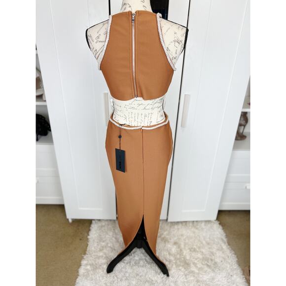 Fashion Nova Luxe NWT Knotty Embellished Bodycon Maxi Dress Cognac Brown Size L - Picture 8 of 14